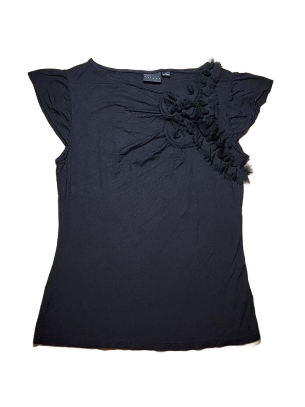 Tribal Cap Sleeve Black Rayon Ruffle Embellished Top Size Medium EUC